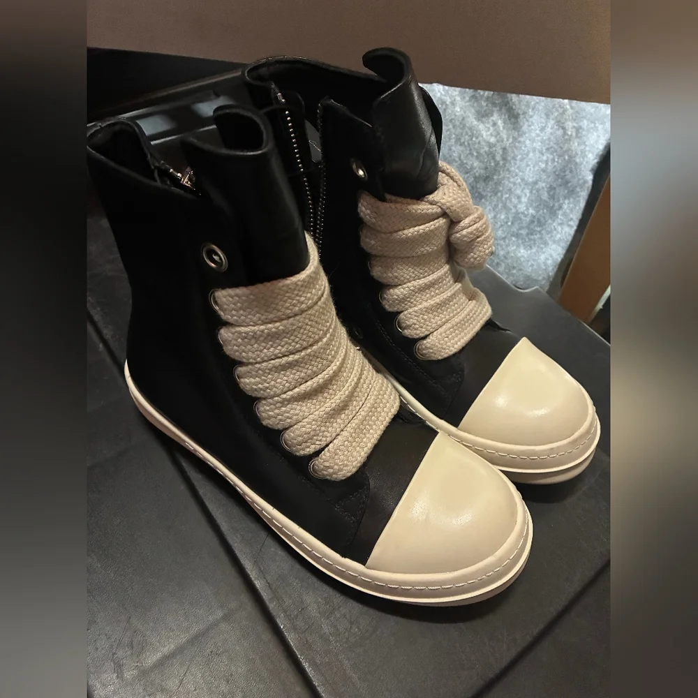 Rick Owens Ramones High Top Black Leather Side Zip EU 39 US 8 Womens - Picture 1 of 6